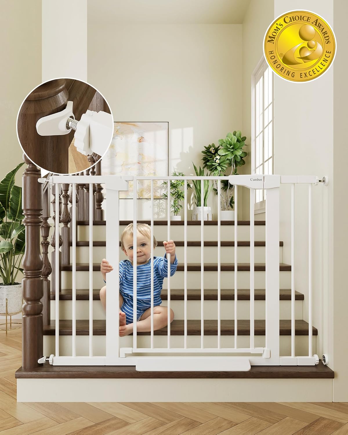 Cumbor 29.7–46 inch baby gate installed in a doorway, providing safe access control for toddlers and pets with an auto-close feature.