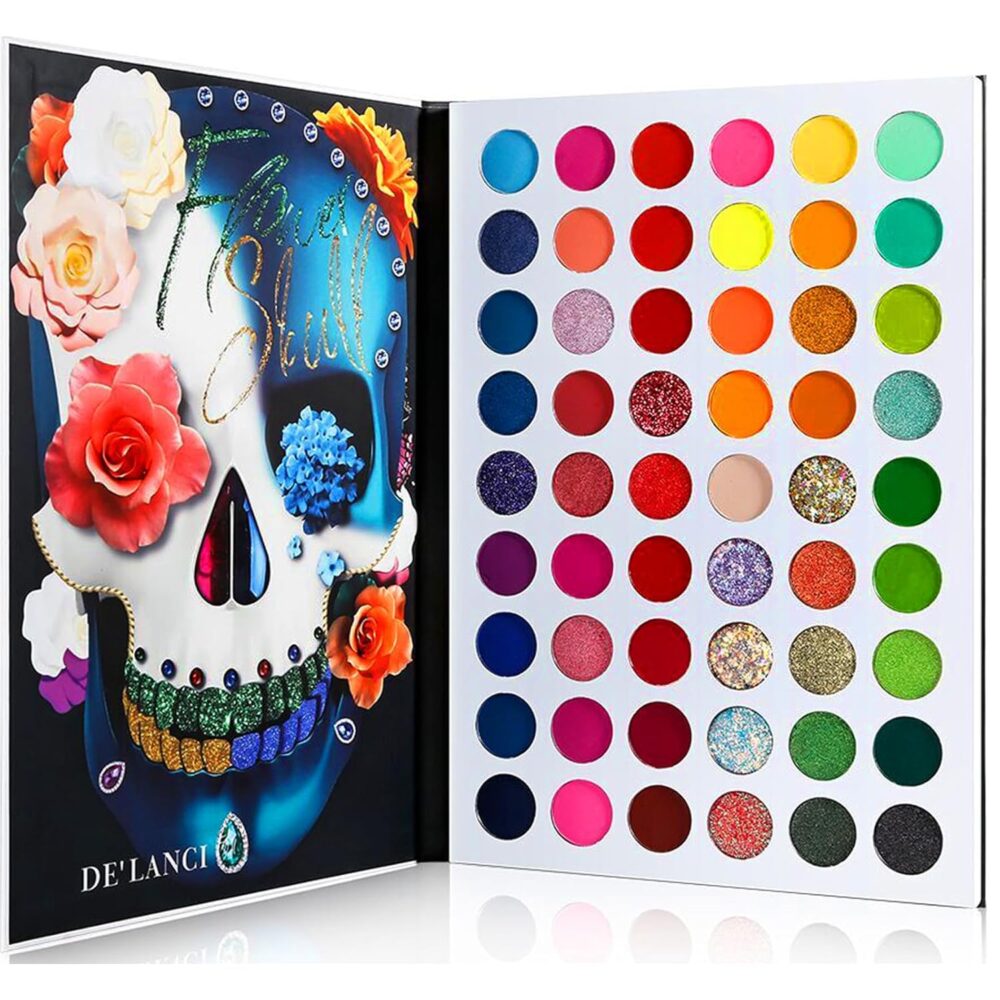 DE’LANCI 54-color eyeshadow palette with bright neon, glitter, matte, and shimmer shades