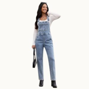 Woman wearing Luvamia stretch denim bib overalls with adjustable straps styled casually with a fitted top and sneakers.