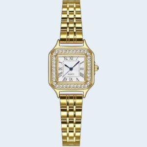 Dainty square vintage gold watch for women with diamond accents and stainless steel bracelet