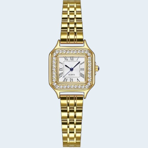 Dainty square vintage gold watch for women with diamond accents and stainless steel bracelet