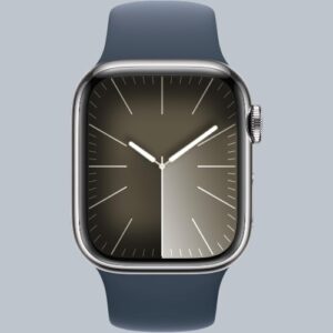 Modern stainless steel smart fitness watch with blue sport band displaying health tracking features and always-on screen