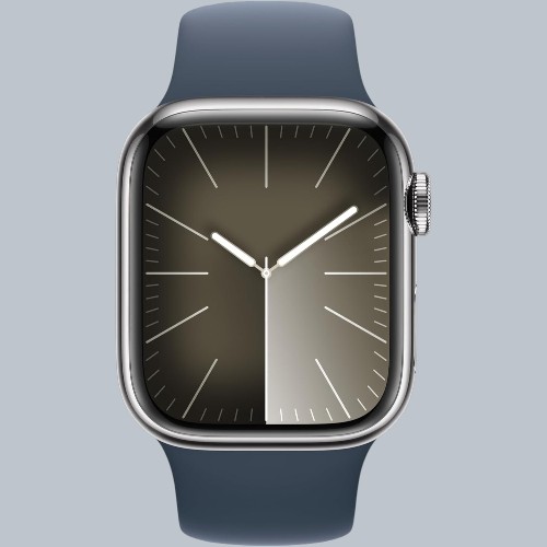 Modern stainless steel smart fitness watch with blue sport band displaying health tracking features and always-on screen