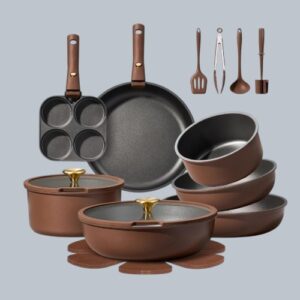 (Concise): CAROTE brown nonstick pot set with detachable handles on a kitchen counter.