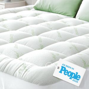 Ultra soft queen size bamboo viscose mattress topper with pillow top design for back pain relief and cooling comfort.