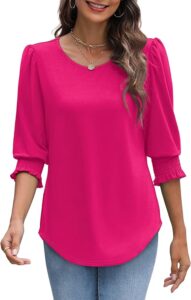 XIEERDUO dressy casual blouse for women with 3/4 length sleeves and smocked cuffs stylish comfortable top