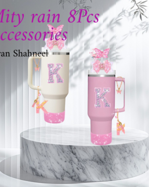 Mity Rain 8 piece accessories set for Stanley Cup including diamond straw topper, spill proof stopper, silicone boot and bow decoration