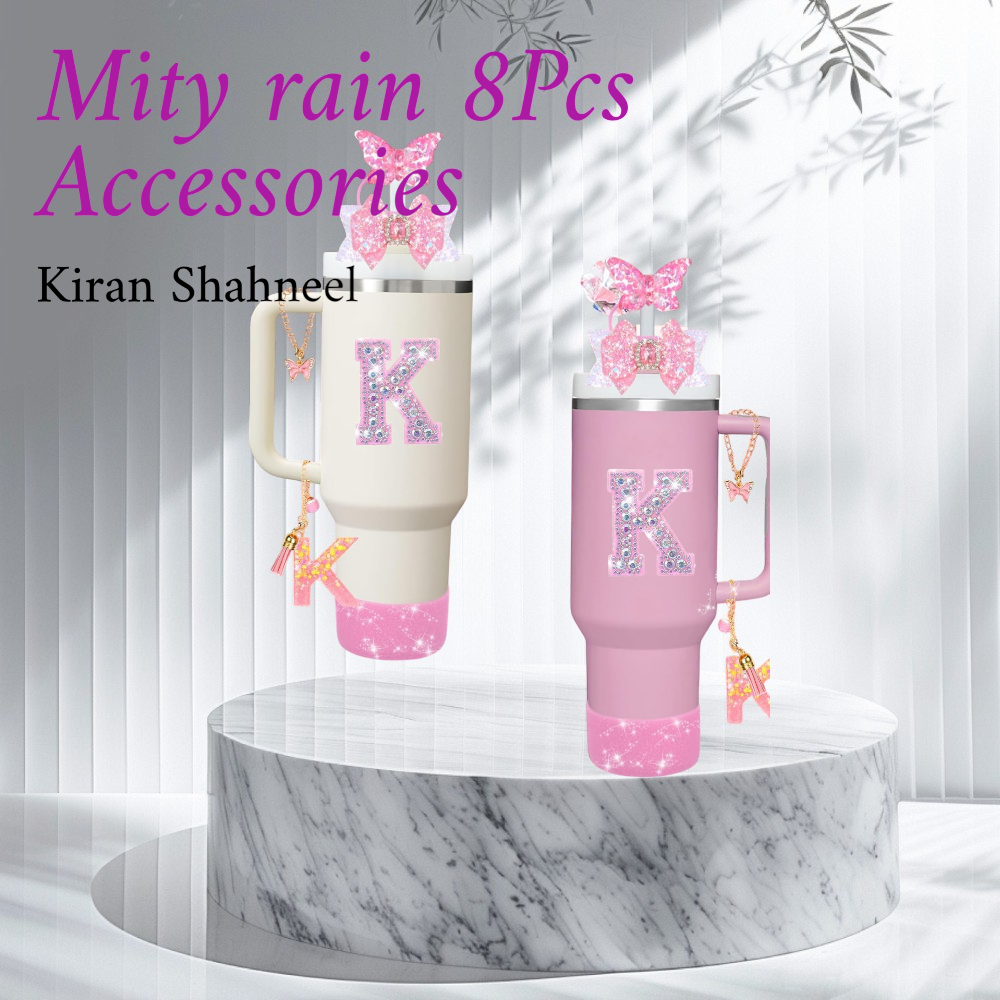 Mity Rain 8 piece accessories set for Stanley Cup including diamond straw topper, spill proof stopper, silicone boot and bow decoration