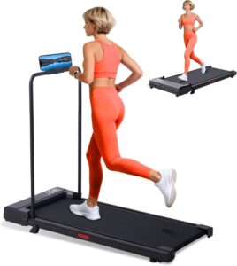 3.0HP Walking Pad Treadmill with handle bar designed for home use, showing compact under-desk design and digital display.