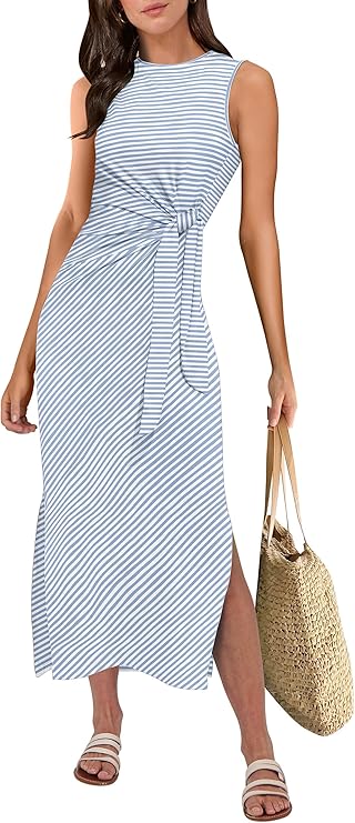 ANRABESS women’s summer sleeveless midi dress slim fit tie waist side split casual vacation sundress 2026 by Kiran Shahneel