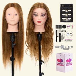 Mannequin head with 28-inch mixed real human hair mounted on table clamp for hairstyling practice