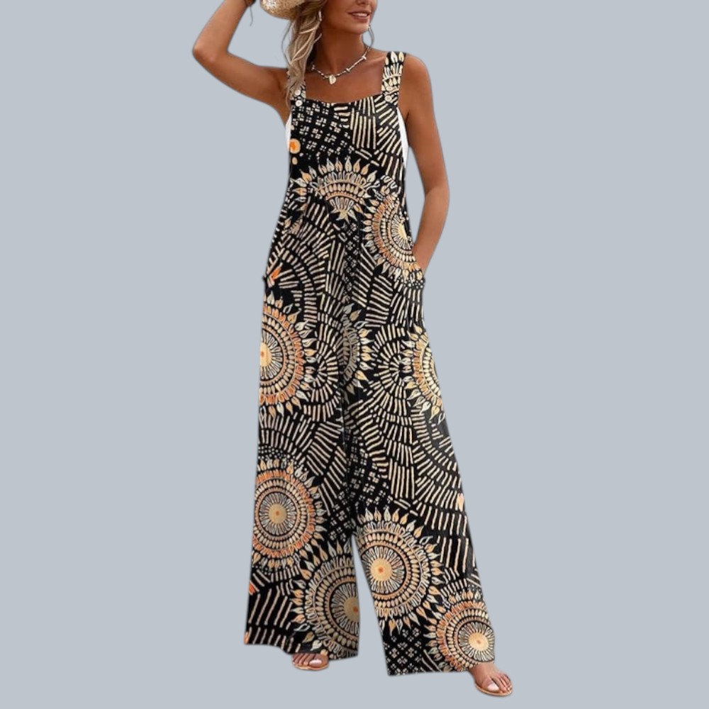 Kiran Shahneel wearing a Ekouaer women's casual loose floral printed wide leg jumpsuit with pockets, posing in a sunny garden.