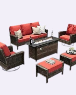 Luxurious 6-piece red wicker patio conversation set by HERA'S HOUSE, featuring high-back sofas, swivel chairs with thick 5.5-inch cushions, and a central fire pit table on a wooden deck.