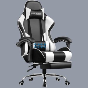 Pearl white GTPLAYER gaming chair with ergonomic design, adjustable height, lumbar support, headrest, and retractable footrest for office or gaming use.